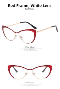Front and side views of stylish cat-eye glasses with red semi-rim frames and gold temples