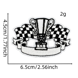Detail view of racing trophy and checkered flags embroidery patch with dimensions 6.5x4.5cm
