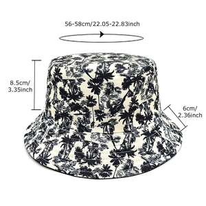 Coconut tree print bucket hat for sun protection with 56-58cm head circumference size info