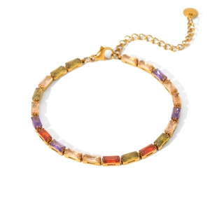 Macro view of gold stainless steel bracelet with colorful rectangular zircon stones