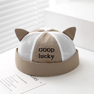 Detail of baby mesh docker hat with 3D cat ears and GOOD lucky embroidery