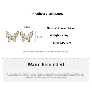 Detailed specs of butterfly earrings with gold plating, zircon inlay, and 2.1cm size