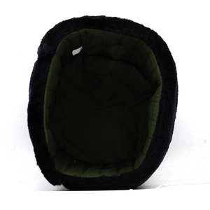 Thick Russian Ushanka hat with black faux fur exterior and green quilted lining inside