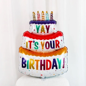 Three-tier birthday cake foil balloon with colorful candles and YAY IT'S YOUR BIRTHDAY text