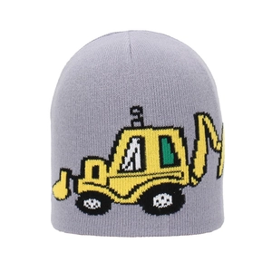 Dettaglio berretto in maglia grigia per bambini con motivo jacquard scavatrice gialla
