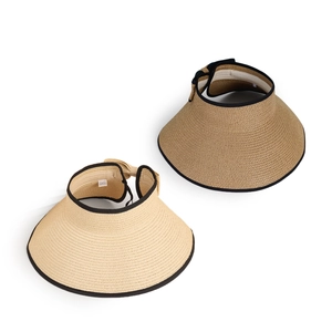 Women's wide brim open top straw sun hat with black ribbon edge and back bowknot