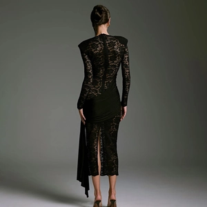 Elegant black lace long sleeve dress with asymmetric hem and back slit detail