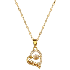 Elegant gold heart pendant necklace with dancing zircon and Love inscription