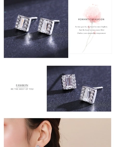 Macro detail of S925 silver square stud earrings featuring emerald-cut cubic zirconia