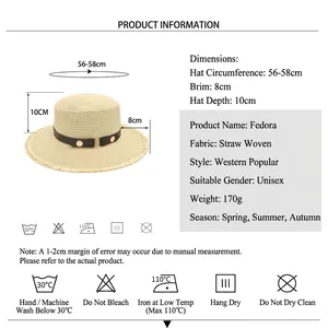 Flat top straw hat with leather belt, wide brim sun protection for summer, size 56-58cm