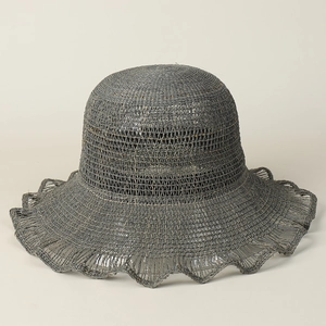 Close-up of charcoal grey raffia sun hat showing intricate weave and wavy brim detail