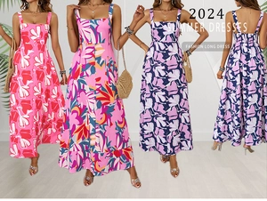 Collage of floral print summer dresses with spaghetti straps and flowy A-line skirts