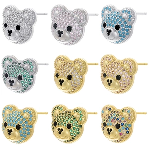 Hip hop style teddy bear stud earrings with colorful zircon stones in a 9-grid layout