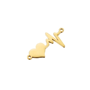 Macro detail of golden stainless steel heart and heartbeat charm with polished finish