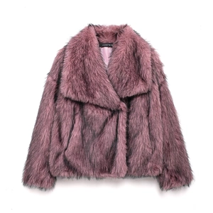 Close-up of premium purple faux fur texture and lapel design on short jacket