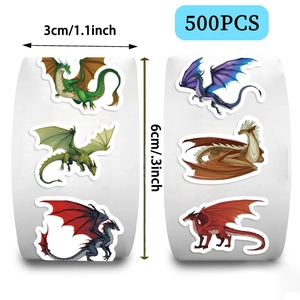 Detail of 500pcs dragon decorative stickers roll with fantasy illustrations for scrapbooking