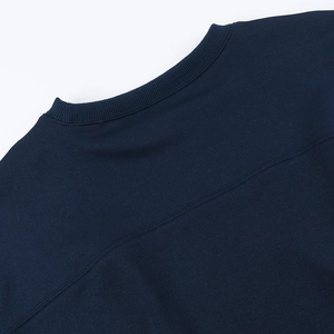 Close-up of ribbed crew neck and shoulder stitching on a navy blue casual sweatshirt