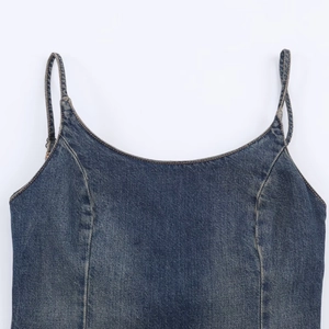 Washed blue denim midi dress with spaghetti straps and detailed top stitching