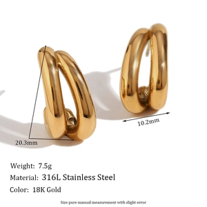 18K gold plated double-row banana earrings in 316L stainless steel with dimensions