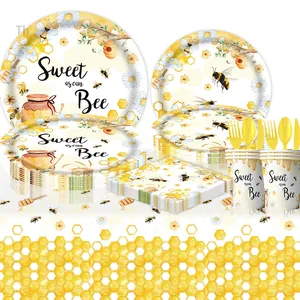 Bee themed birthday party disposable tableware set with paper plates and napkins