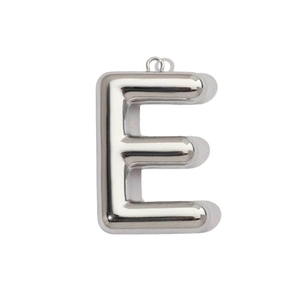 Close-up of polished stainless steel hollow letter E pendant with a shiny mirror finish