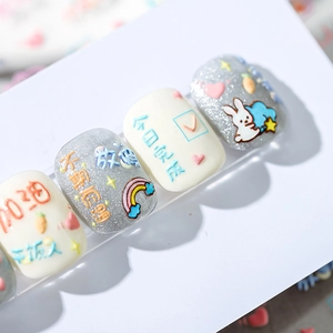 Cute 5D embossed Christmas nail art stickers with rabbit and rainbow patterns