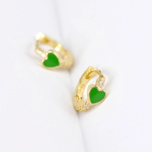 Macro detail of green enamel heart hoop earrings with S925 engraving and gold plating