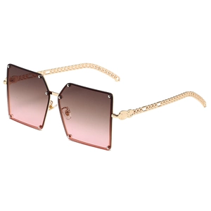 Fashion oversized square rimless sunglasses with chain temples and gradient pink lenses