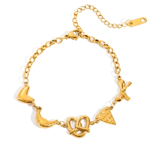 Stainless Steel Charm Bracelet 18K Gold Plated Heart Croissant Pizza Bow Pretzel Jewelry Adjustable Extension For Women