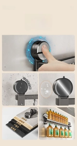 Functional details of suction cup kitchen rack showing waterproof and heavy duty capacity.