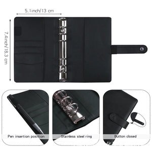 A6 black PU leather budget binder with stainless steel rings and pen loop details