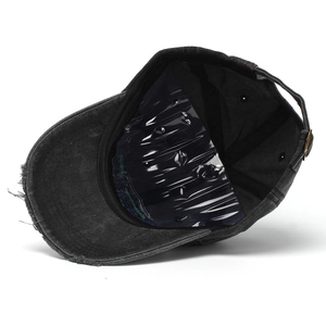 Washed grey cotton baseball cap with 3D embroidery and vintage distressed frayed edges