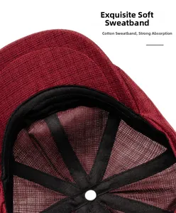 Detail view of the breathable mesh lining and soft cotton sweatband on the red newsboy cap