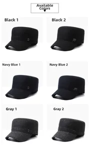 Multiple colors of men's winter flat caps with textured wool fabric and metal R logos