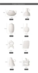 Detailed size parameters for eight Nordic matte white ceramic vases with dimensions