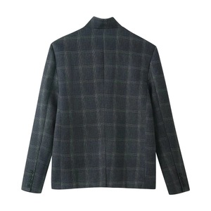 Back view of a grey plaid blazer for women featuring a stand collar and four-button cuffs