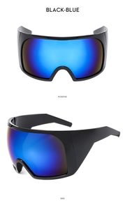 Front and side view of black wrap-around sports sunglasses with blue mirrored lenses