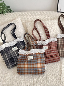 Vintage Plaid Woolen Tote Bag With Lace Trim Mori Style Shoulder Handbag For Women Academy Student Cute