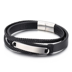 Minimalist multi-layer black leather woven bracelet with silver rectangular metal plate