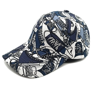 Close-up of a structured baseball cap featuring stylish blue canvas shoe graffiti print