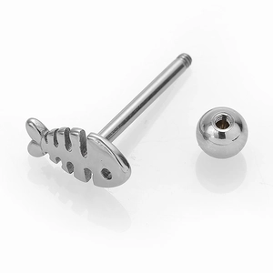 Polished silver stainless steel fish bone tongue ring with threaded ball piercing jewelry