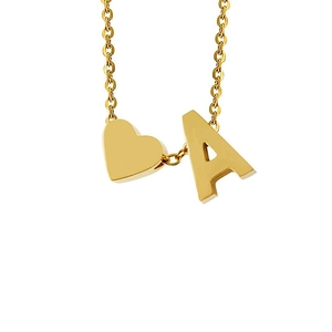 Detail of 18k gold plated stainless steel necklace with heart and letter A charms