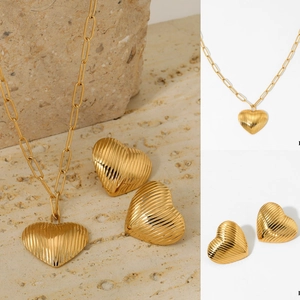 Heart Pendant Necklace Earrings Stainless Steel Jewelry Ribbed Texture Paperclip Chain Fashion Women