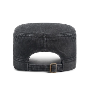 Classic washed black denim flat top cadet hat with adjustable vintage metal buckle