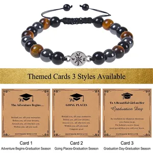 Tiger eye and hematite stone compass bracelet with graduation gift cards for students