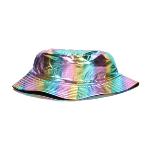 Reflective gradient bucket hat with iridescent metallic finish and classic round crown
