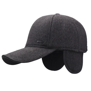 Men's winter wool baseball cap in dark grey with warm ear flaps and sun visor