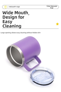 Detail of 12oz purple insulated stainless steel mug with handle and transparent lid