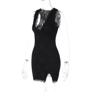 Close-up of the delicate floral lace texture and V-neckline on this black mini dress