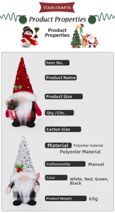 Detailed spec sheet showing polyester Christmas gnome gnomes with festive plaid hats